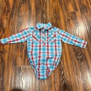 Cowgirl Legend Baby Girls Turquoise Red Plaid Western Pearl Snap Bodysuit 18M